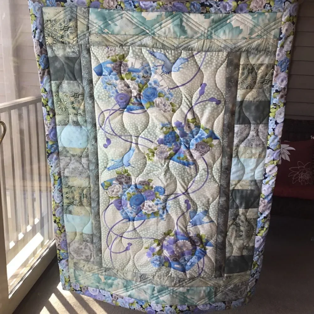 NWT Hand Crafted Quilt in Oriental Prints of Blues and Aquas With Cranes